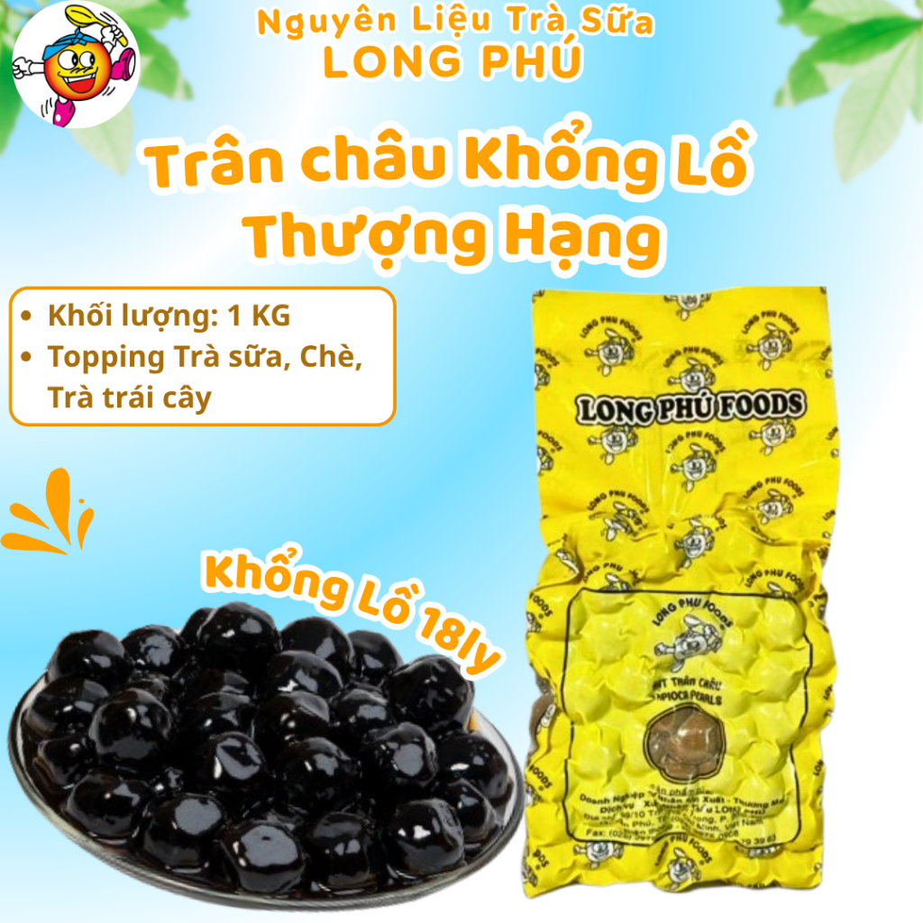 Trân Châu Đen KHỔNG LỒ Thượng Hạng Có Vị Ngọt LONG PHÚ Hạt 18 Ly Gói 1kg - Topping Trà Sữa Milo Dầm Trân Châu Đen Hạt Bự