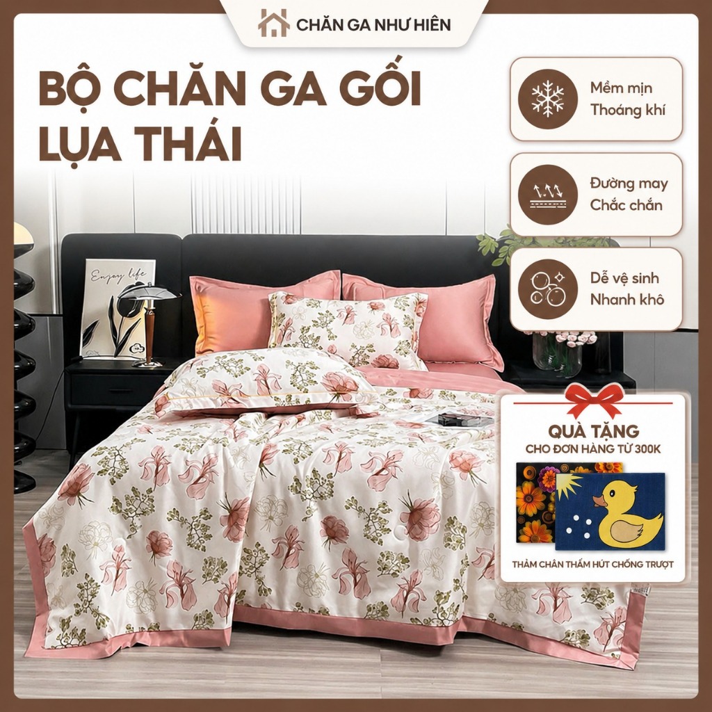 Bộ Chăn Ga Mùa Hè Lụa Thái 4 Món Cao Cấp Họa Tiết Hiện Đại – Mềm Lạnh, Tạo Điểm Nhấn Phòng Ngủ