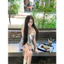Đầm Nữ Trễ Vai Sọc Kẻ Đính Nơ Cổ Yếm Chiết Eo Dáng Xòe Bồng Tôn Dáng Ngọt Ngào