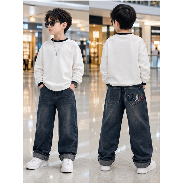 [TH030] Quần Jeans Dài Bé Trai Thêu Boy Túi Sau Chất Bò Mềm Co Giãn Lưng Thun Cá Tính 6-15 Tuổi