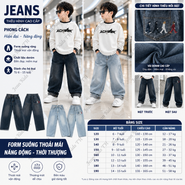 [TH030] Quần Jeans Dài Bé Trai Thêu Boy Túi Sau Chất Bò Mềm Co Giãn Lưng Thun Cá Tính 6-15 Tuổi