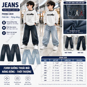 Quần Jeans Dài Bé Trai Thêu Boy Túi Sau Chất Bò Mềm Co Giãn Lưng Thun Cá Tính 6-15 Tuổi