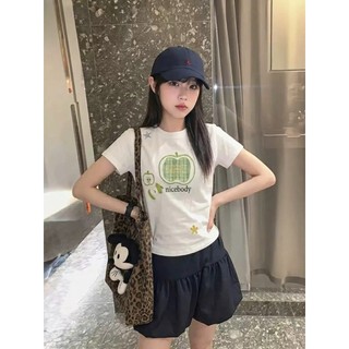 Áo Babytee Cổ Tròn Nữ Tay Lỡ Hình In Hình Táo Nicebody, Chất Liệu Cotton Khô Mềm Mịn Thoáng Khí