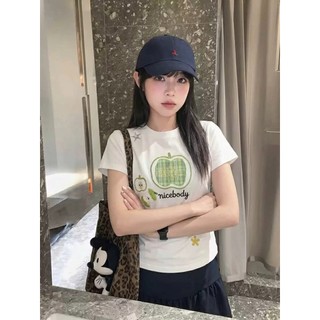 Áo Babytee Cổ Tròn Nữ Tay Lỡ Hình In Hình Táo Nicebody, Chất Liệu Cotton Khô Mềm Mịn Thoáng Khí