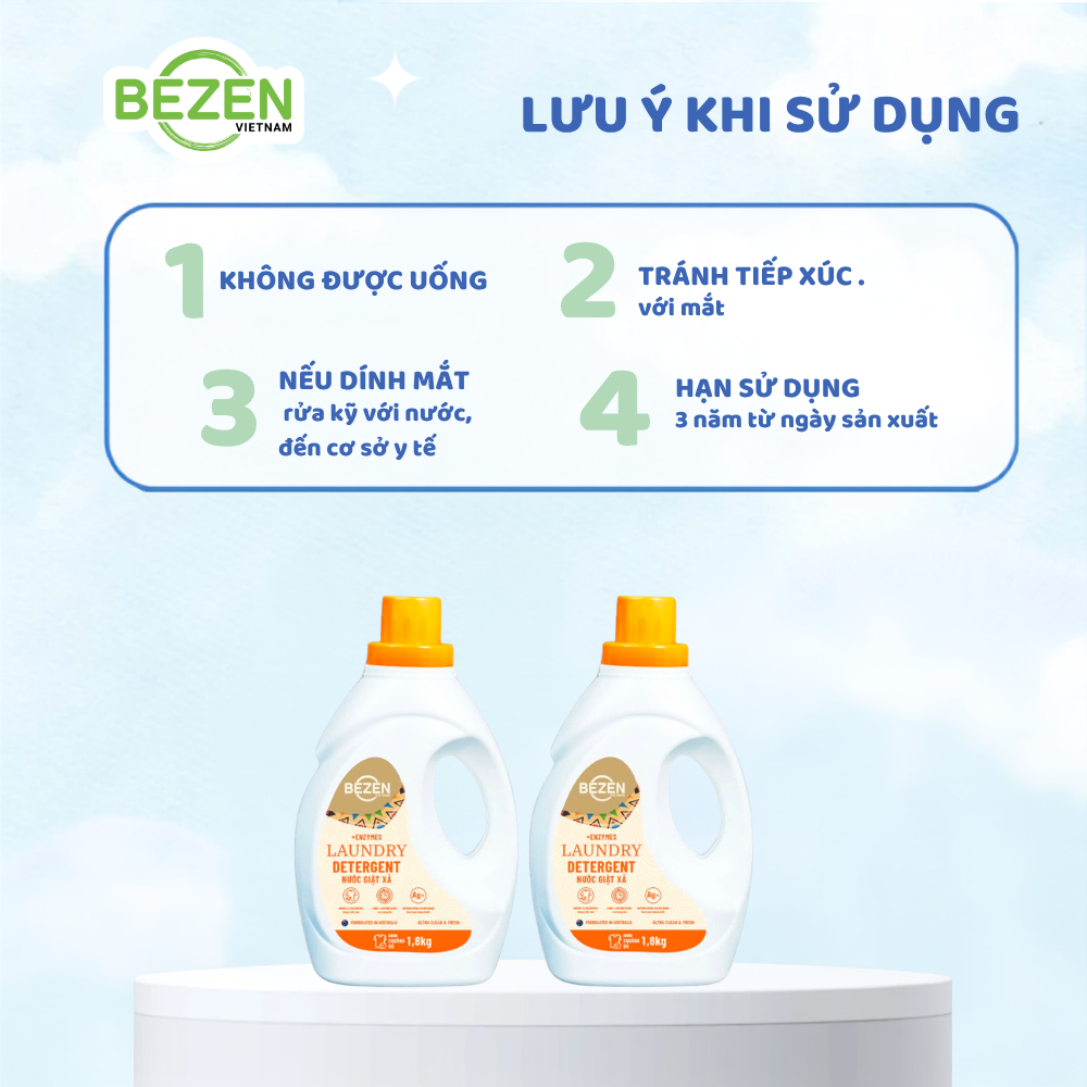Nước Giặt Xả 2in1 BEZEN 1.8L - Nước Giặt Quần Áo Thơm Lâu, Mềm Vải, Sạch Sâu, Kháng Khuẩn
