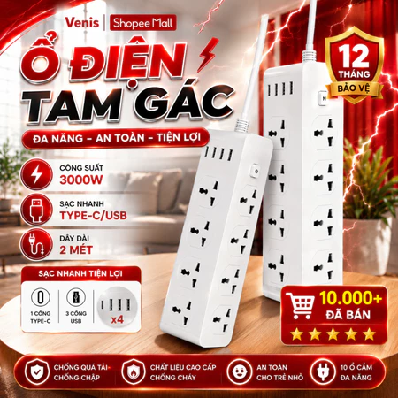 Ổ Cắm Điện Tam Giác 10 Lỗ, 3 USB + 1 Type C, Công Suất 3000W, Chống Giật An Toàn