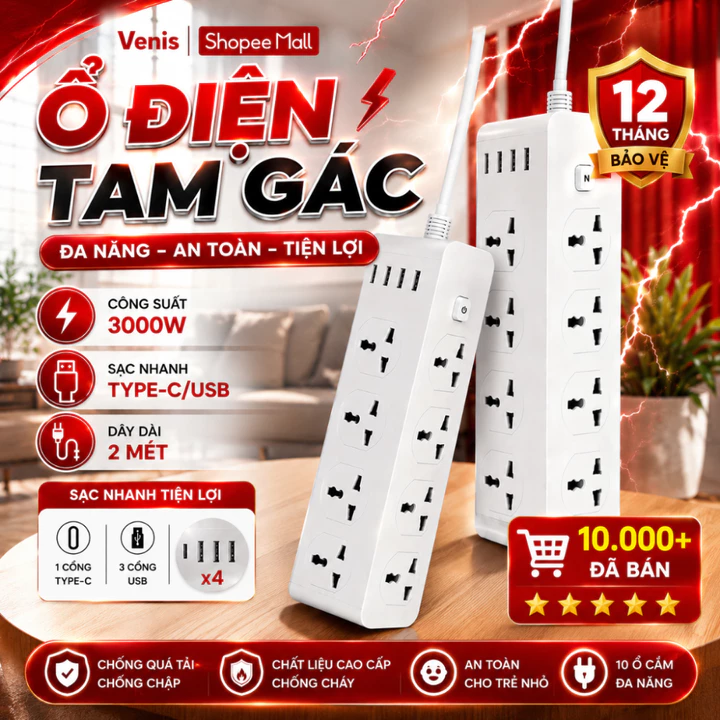 Ổ Cắm Điện Tam Giác 10 Lỗ, 3 USB + 1 Type C, Công Suất 3000W, Chống Giật An Toàn