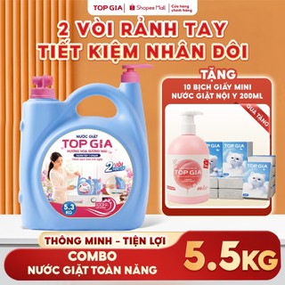 (Tặng 10 Bịch Giấy) Can Nước Giặt TopGia 2 Vòi 5.3KG Lưu Hương 100H, An Toàn Đậm Đặc Làm Sạch Nhanh