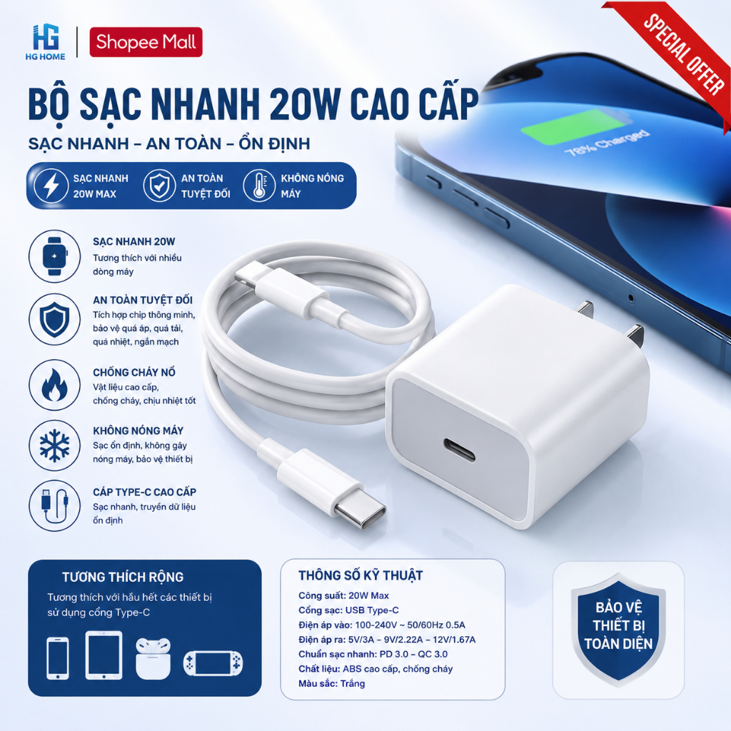 Bộ Sạc Nhanh 20W Cao Cấp, An Toàn Ổn Định, Chống Cháy Nổ, Bảo Vệ Thiết Bị Không Nóng Máy HGMART