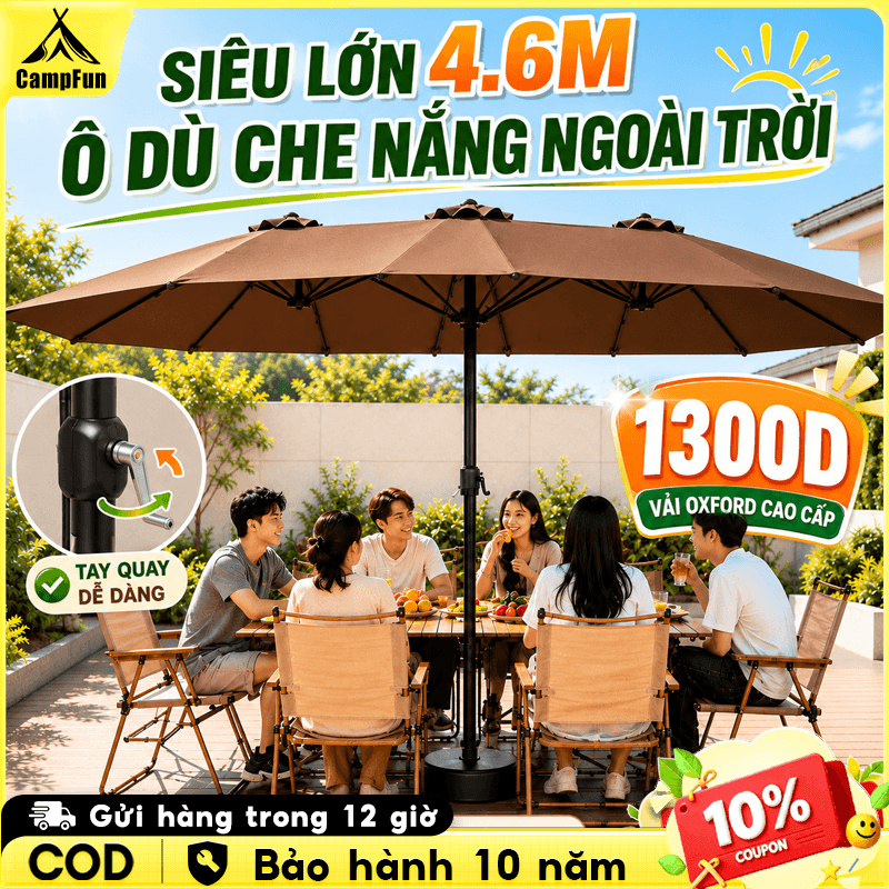 Ô dù che nắng 3 tán ngoài trời, diện tích lớn, chống tia UV, kèm kèm đế nước 60L, dùng cho sân vườn quán cafe