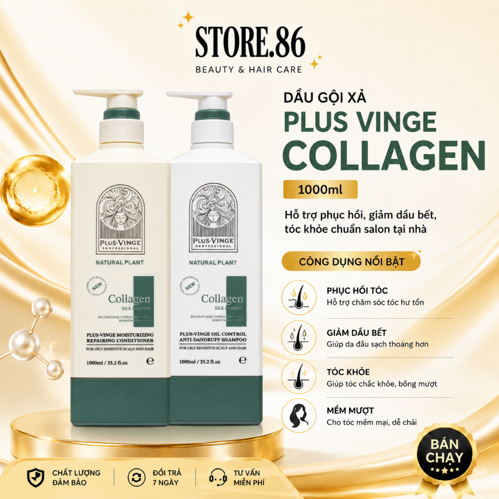 Dầu Gội Xả Plus Vinge Collagen 1000ml | Chăm Sóc Tóc Khô Xơ, Mềm Mượt & Bóng Khỏe Chuẩn Salon