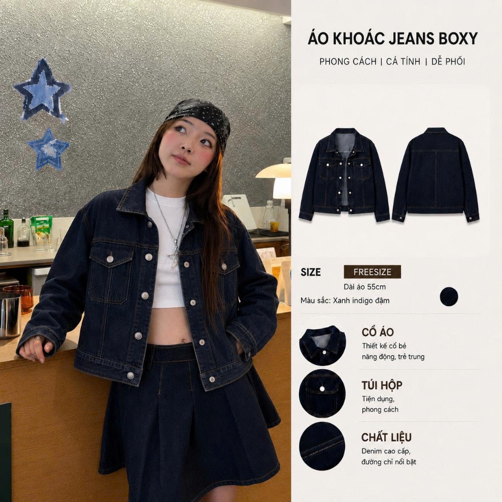 Áo Khoác Jean Nữ Phom Vừa CHEZI HOUSE, Áo Khoác Denim Trucker Xanh Than Wash Nhẹ Cao Cấp CHEZI HOUSE  #8235