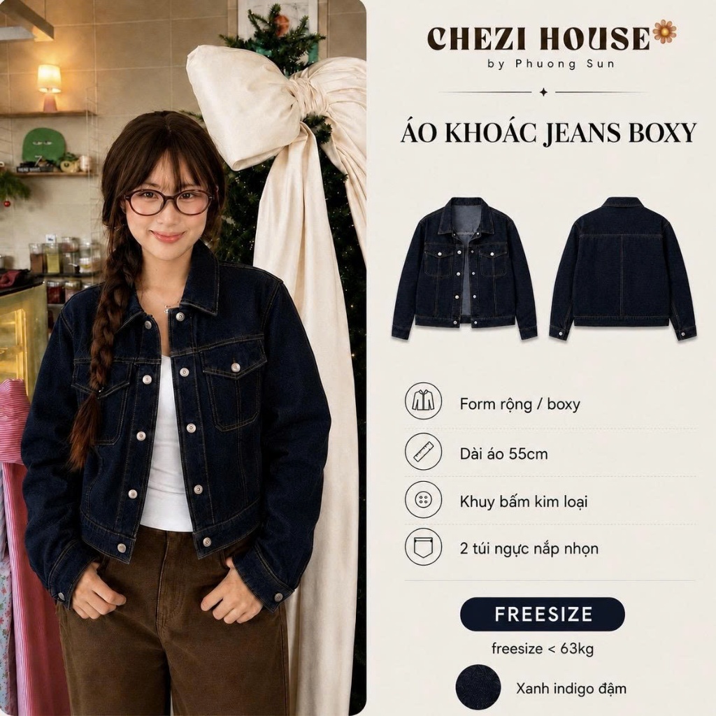 Áo Khoác Jean Nữ Phom Vừa CHEZI HOUSE, Áo Khoác Denim Trucker Xanh Than Wash Nhẹ Cao Cấp CHEZI HOUSE  #8235