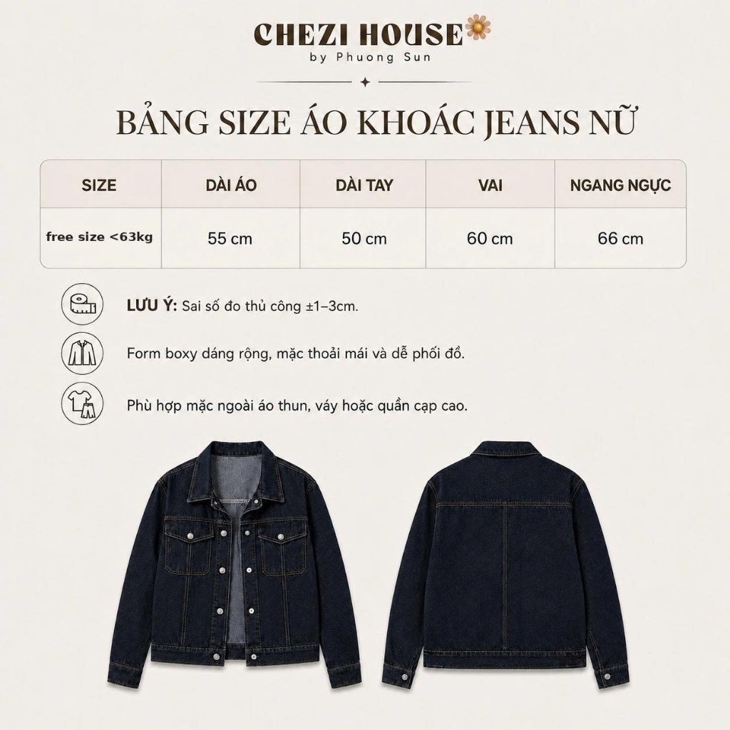 Áo Khoác Jean Nữ Phom Vừa CHEZI HOUSE, Áo Khoác Denim Trucker Xanh Than Wash Nhẹ Cao Cấp CHEZI HOUSE  #8235