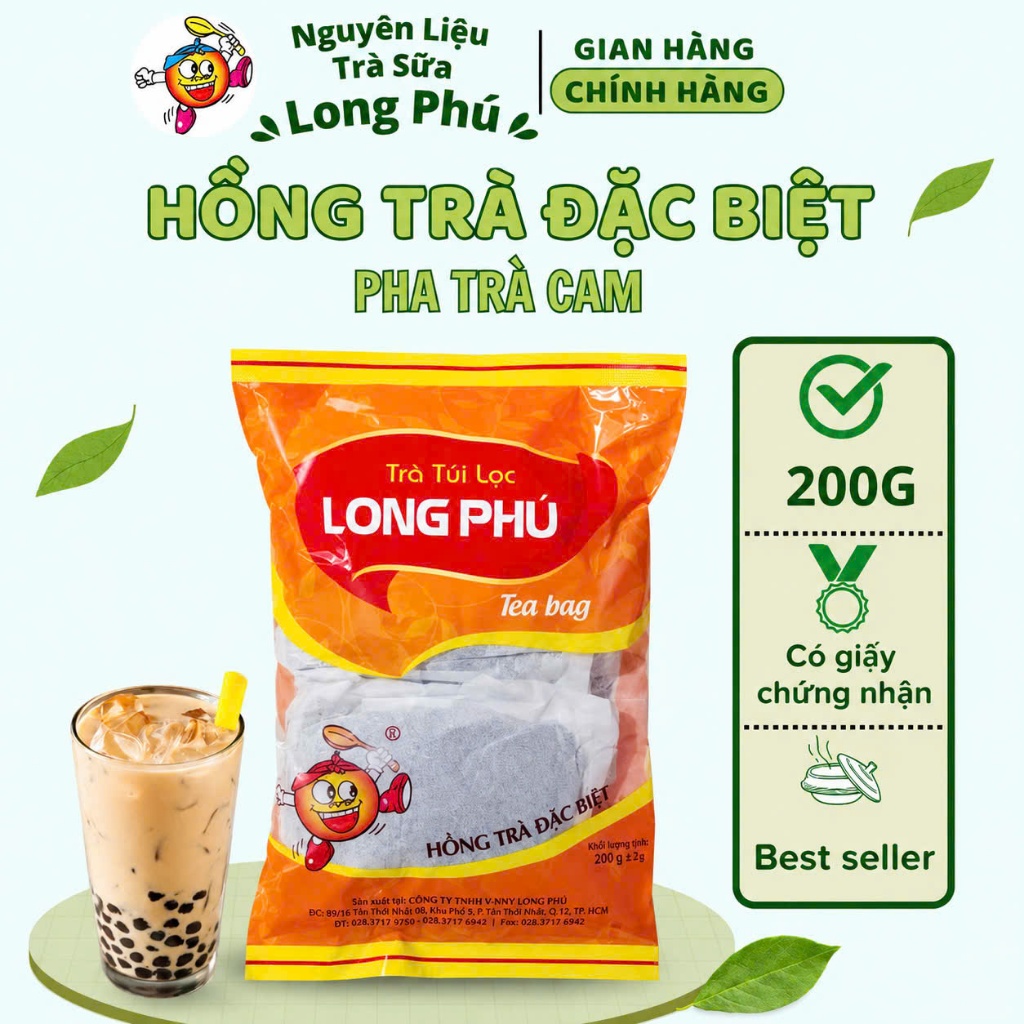 Hồng trà đặt biệt (Pha trà Cam) LONG PHÚ túi 200gr - Nguyên liệu topping trà sữa, trà trái cây, trà túi lọc, nước trà.