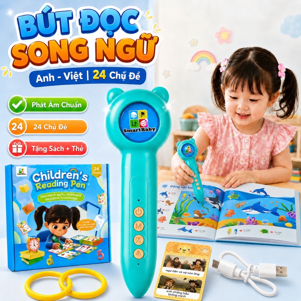 Bút chấm đọc cho bé 3-10 tuổi – Bút cảm ứng đồ chơi giáo dục thông minh, kèm sách + flashcard song ngữ Anh Việt, tự học