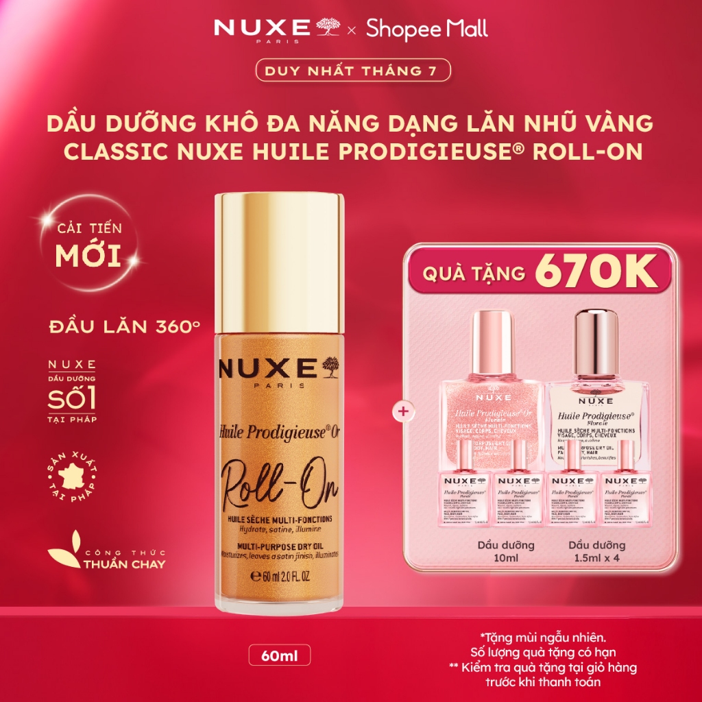Dầu Khô Đa Năng Dạng Lăn Tiện Lợi Nuxe Huile Prodigieuse® Or ROLL-ON Multi-Purpose Dry Oil 60ML