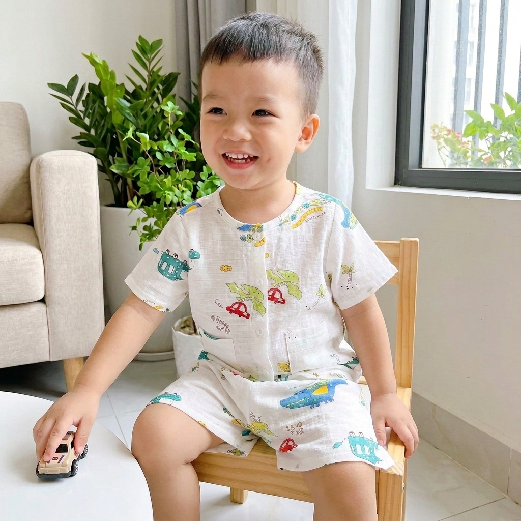 Pijama bé trai tay ngắn quần đùi xô cotton Lá Homewear A387, bộ cộc tay bé trai khủng long xe gấu