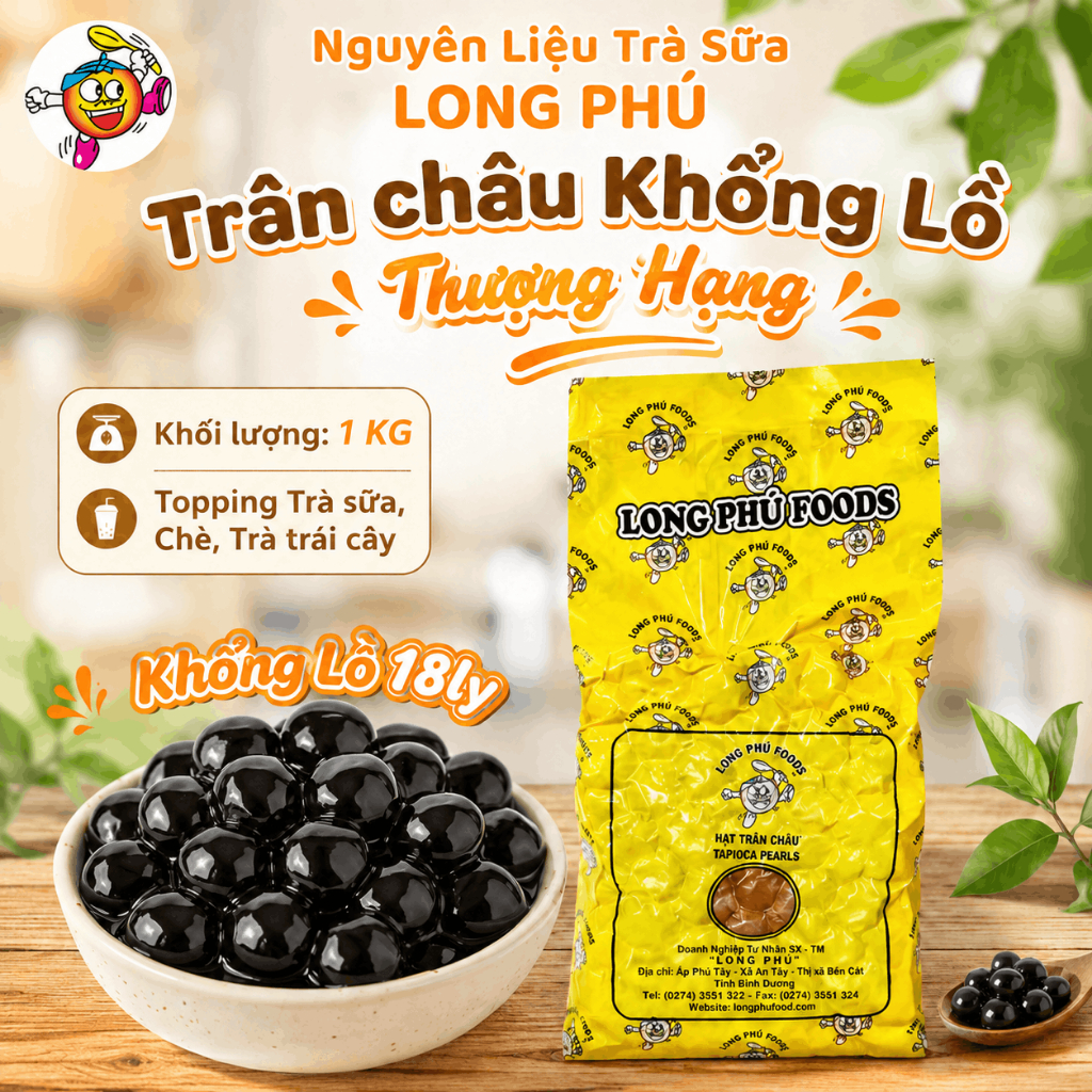 Trân Châu Khổng Lồ Đường Đen Thượng Hạng LONG PHÚ Gói 1kg Hạt 18 ly - Topping Nguyên Liệu Trà Sữa Đường Đe