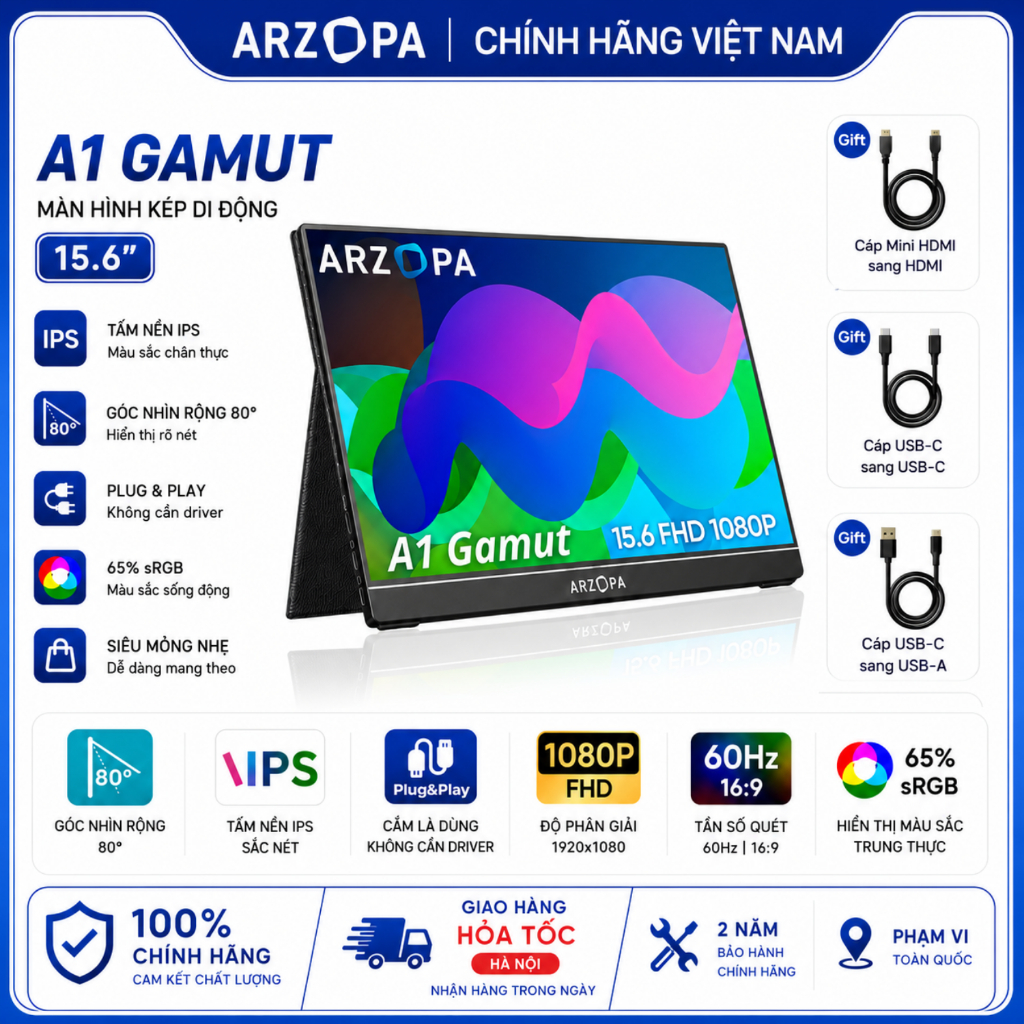 Màn Hình Di Động ARZOPA A1 Gamut 15.6" IPS FHD | HDR10 | Bao Da | USB-C HDMI | Chính Hãng | Hỏa Tốc | BigBuy360 - bigbuy360.vn