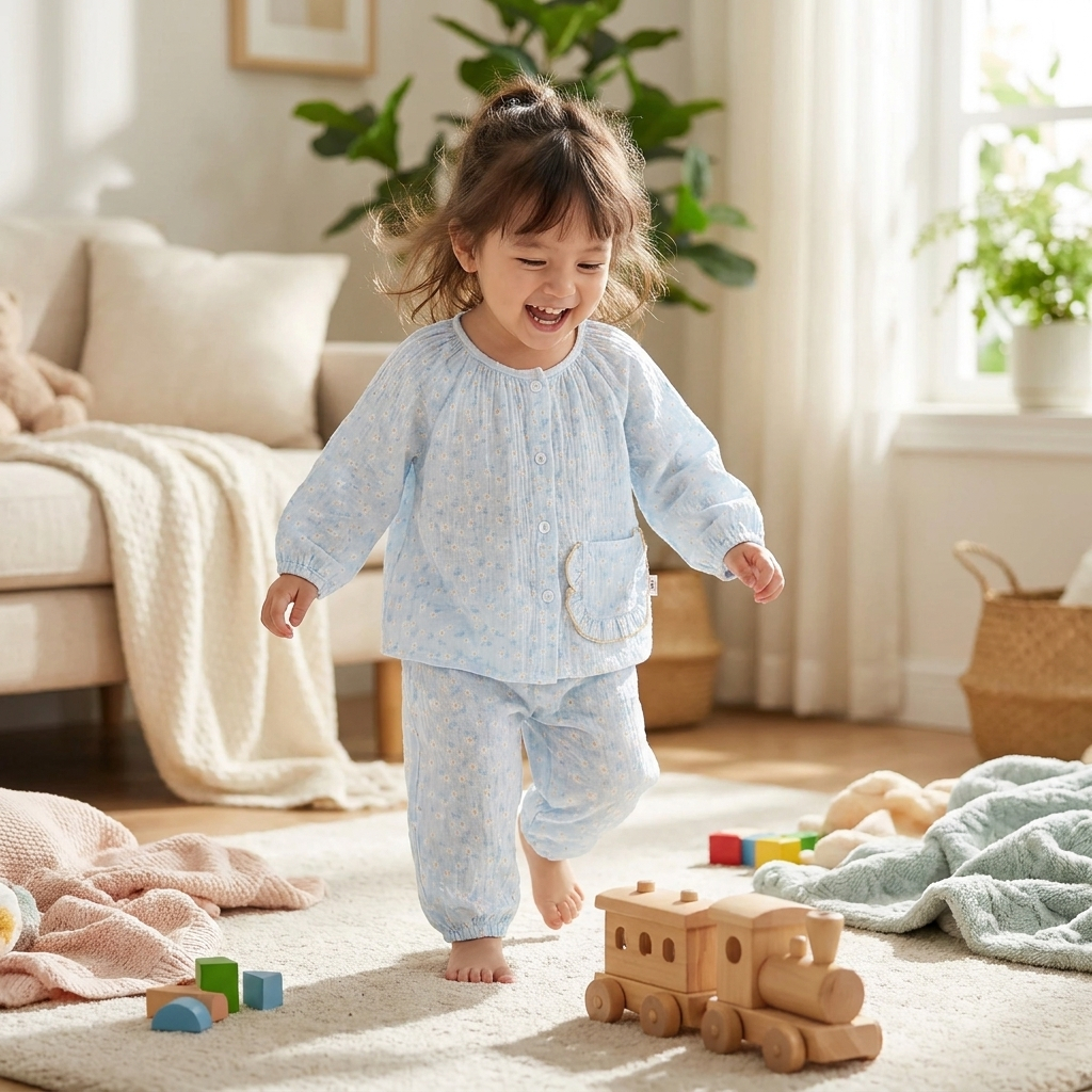 Pijama bé gái xô muslin Lá Homewear A366, đồ bộ dài tay bé gái babydoll melody unicorn kỳ lân