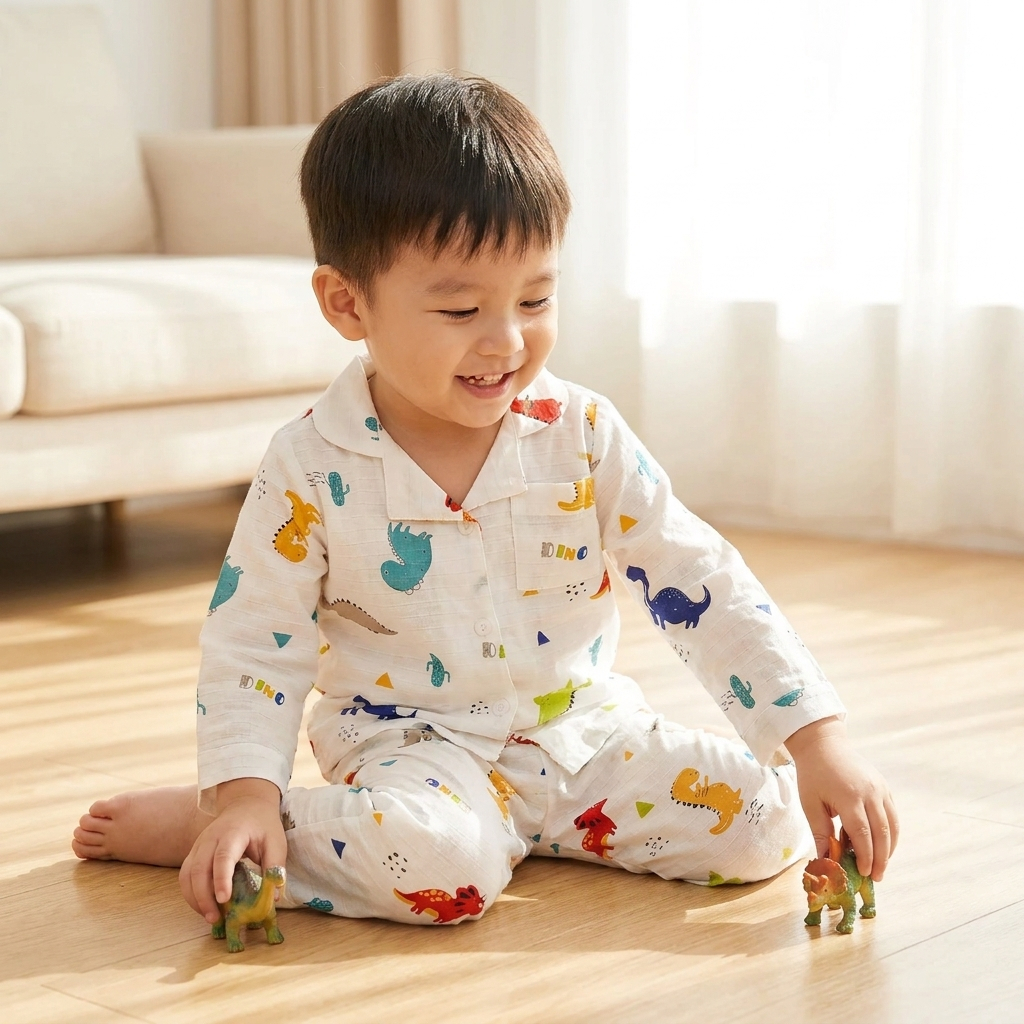 Pijama cho bé dài tay vải xô cotton Lá Homewear A396, bộ dài tay bé trai gái mặc ngủ mát