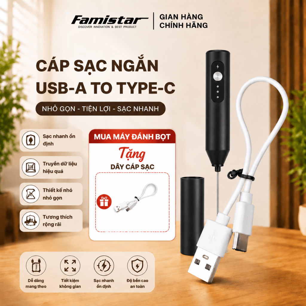 [QUÀ TẶNG DÂY SẠC] KHÔNG BÁN-Máy Đánh Bọt Cà Phê 10W Pin Sạc Cầm Tay Famistar, Cây Đánh Bọt Coffee, máy đánh trứng BH 1