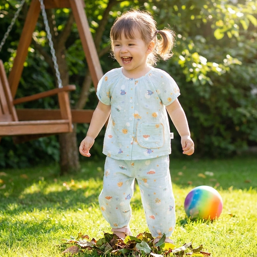 Bộ đồ ngủ bé gái tay ngắn xô muslin Lá Homewear A367, đồ dài cho bé cộc tay dễ thương
