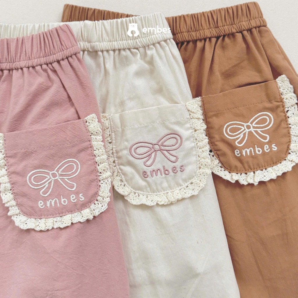 Quần Dài Bé Gái Embes, Quần Dài Dáng Bí Phối Họa Tiết Nơ Chất Cotton Đũi Cho Bé Gái Size Từ 8-18kg