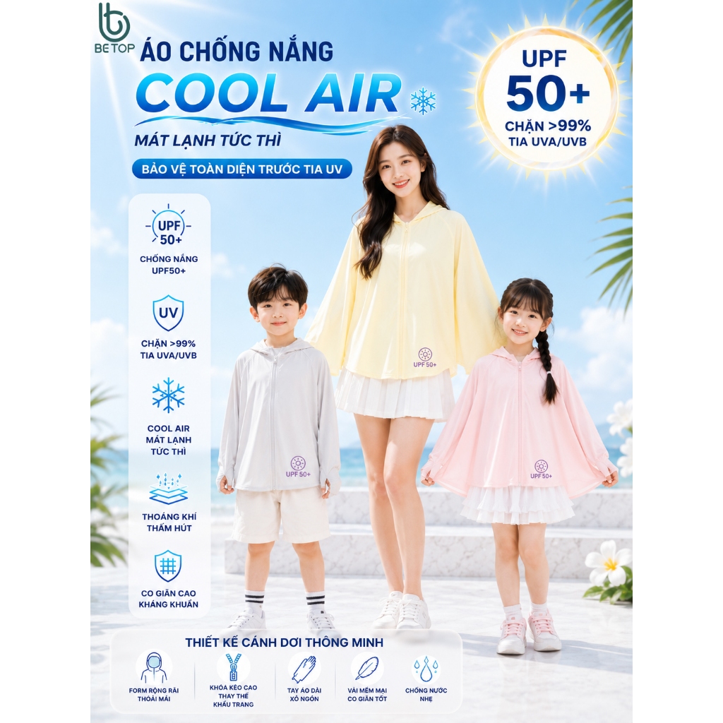 Áo Chống Nắng Cánh Dơi Cho Bé BETOP, Công Nghệ Cool Air Thoáng Khí, Chỉ Số Chống Tia UV Cao, Mềm Mát Cao Cấp
