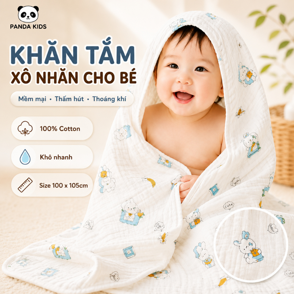 Khăn Tắm Xuân Hè Chất Xô Nhăn Loại 1 Kích Thước To 100*105cm siêu mềm, thoáng khí - Panda Kids - HT618 - HT720