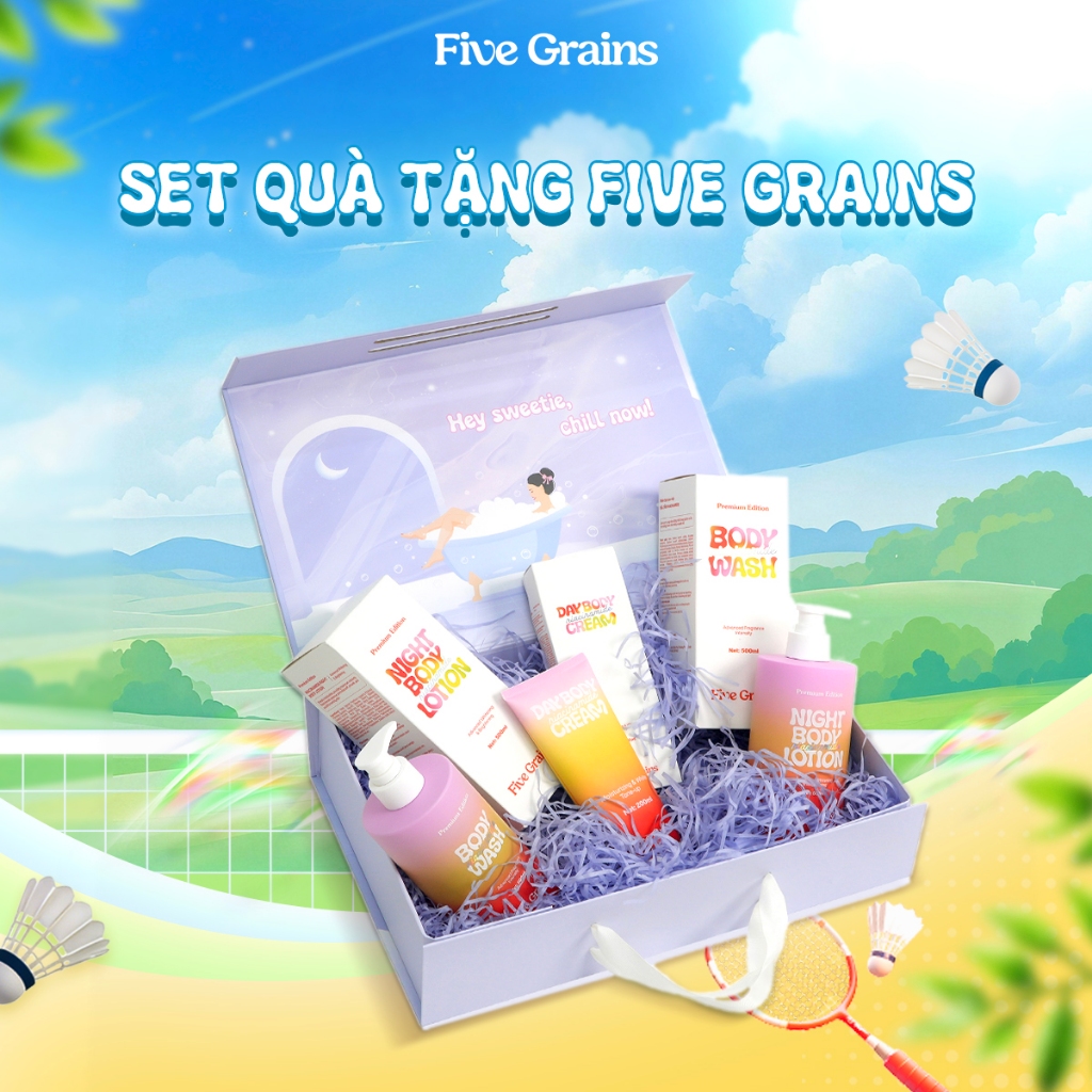 Set quà yêu thương Five Grains (sữa tắm/kem dưỡng/xịt chống nắng/tẩy tế bào chết)