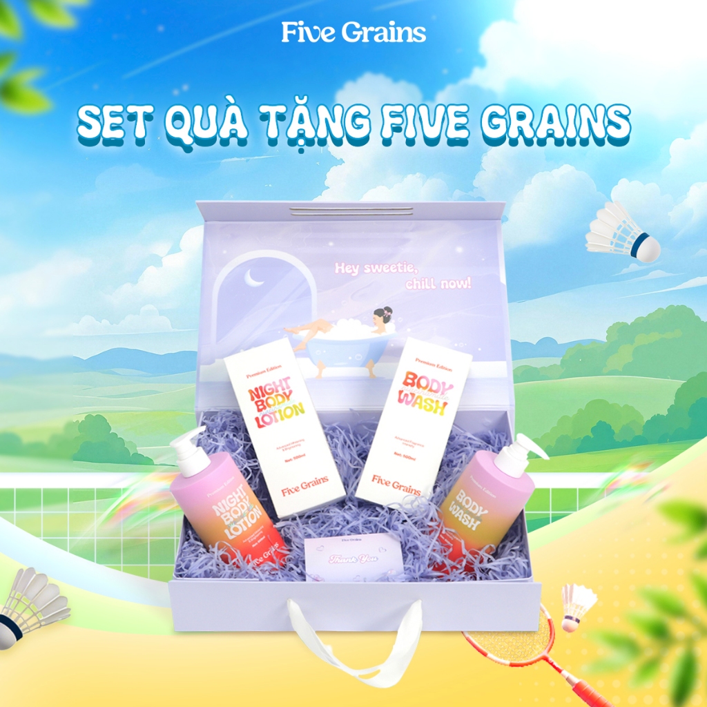 Set quà yêu thương Five Grains (sữa tắm/kem dưỡng/xịt chống nắng/tẩy tế bào chết)