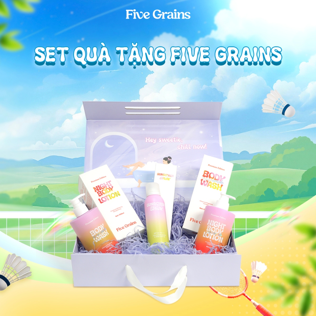 Set quà yêu thương Five Grains (sữa tắm/kem dưỡng/xịt chống nắng/tẩy tế bào chết)