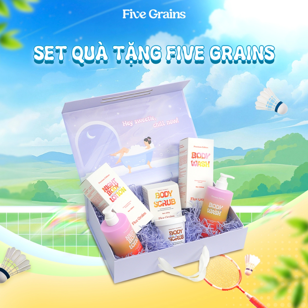 Set quà yêu thương Five Grains (sữa tắm/kem dưỡng/xịt chống nắng/tẩy tế bào chết)