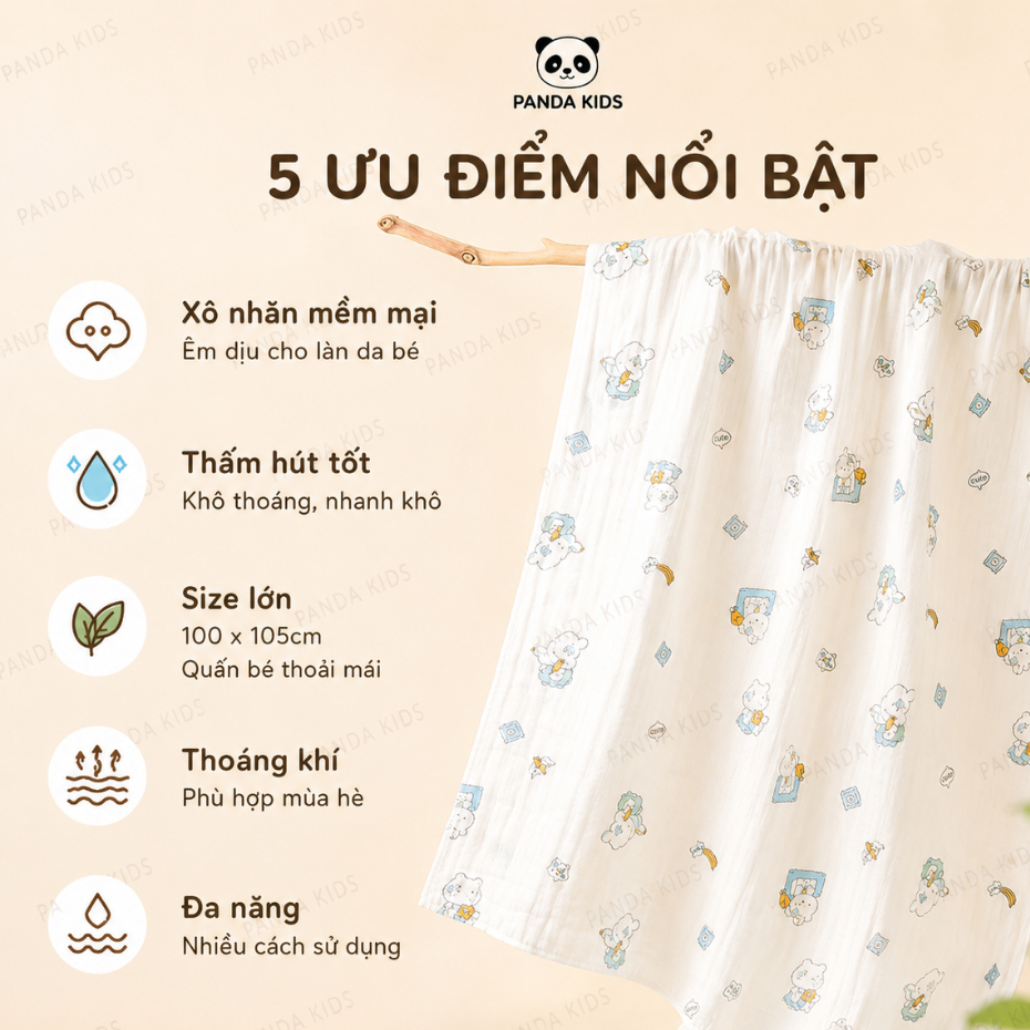 Khăn Tắm Xuân Hè Chất Xô Nhăn Loại 1 Kích Thước To 100*105cm siêu mềm, thoáng khí - Panda Kids - HT618 - HT720
