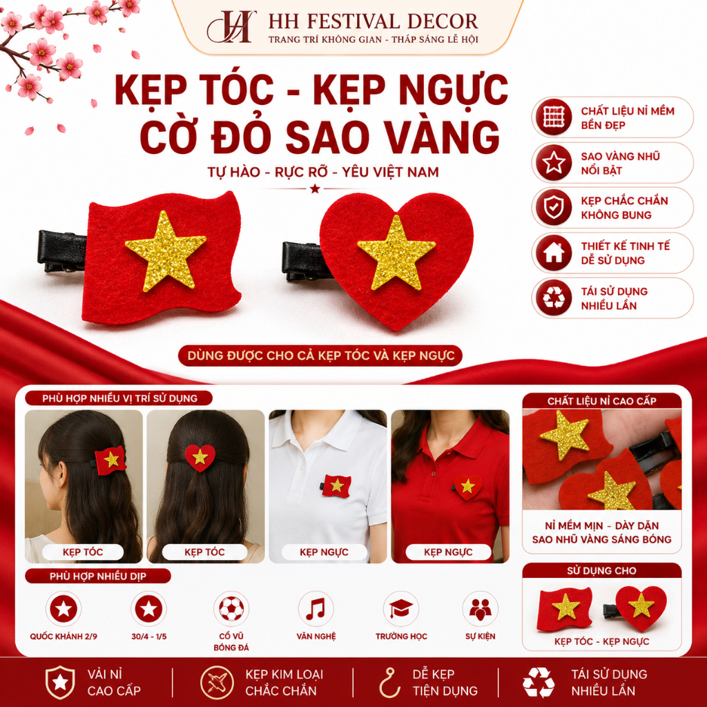 Set 10 Kẹp Tóc Kẹp Ngực Cờ Đỏ Sao Vàng Cài Áo Cài Tóc Xinh xắn Cổ Vũ Quốc Khánh 2/9 Sự Kiện Lễ Hội