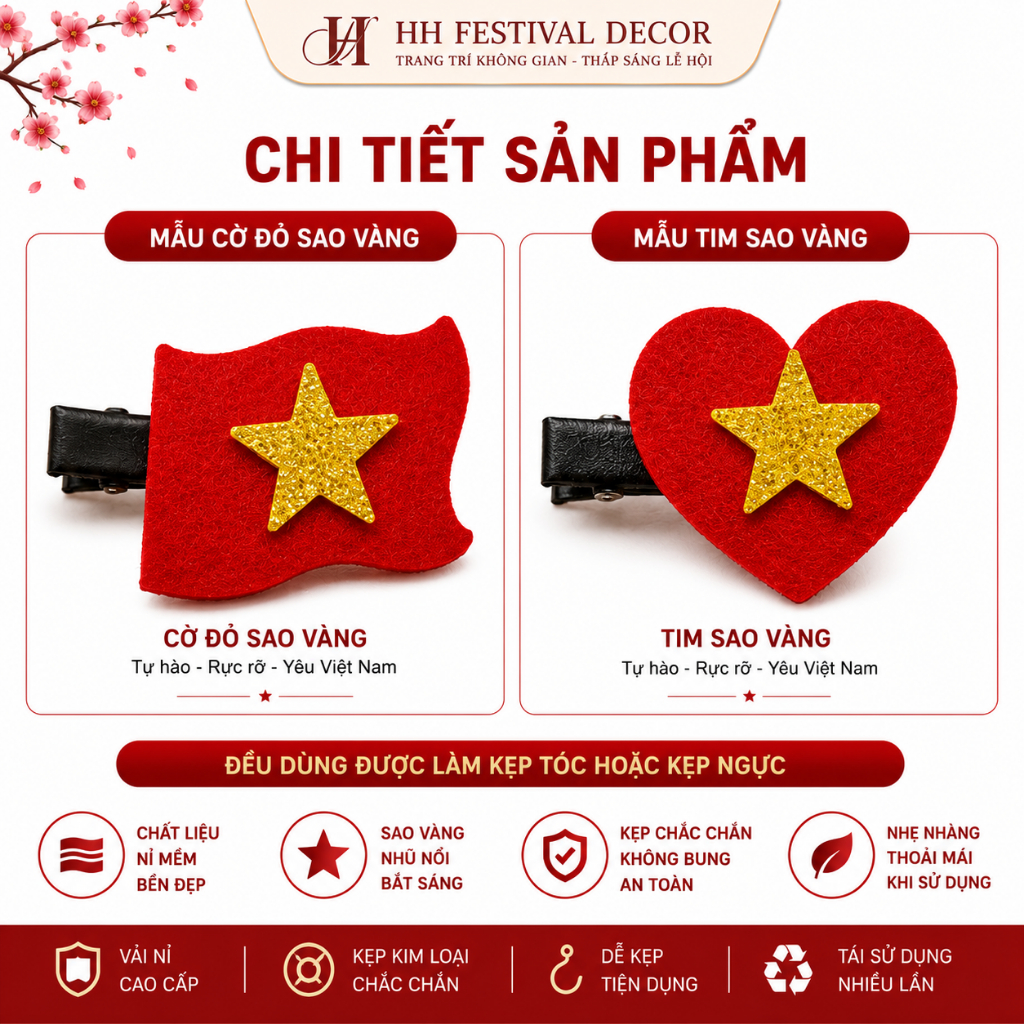 Set 10 Kẹp Tóc Kẹp Ngực Cờ Đỏ Sao Vàng Cài Áo Cài Tóc Xinh xắn Cổ Vũ Quốc Khánh 2/9 Sự Kiện Lễ Hội