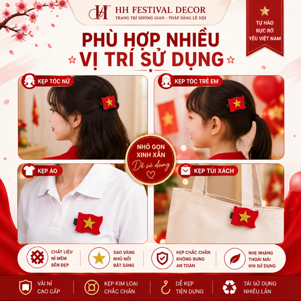 Set 10 Kẹp Tóc Kẹp Ngực Cờ Đỏ Sao Vàng Cài Áo Cài Tóc Xinh xắn Cổ Vũ Quốc Khánh 2/9 Sự Kiện Lễ Hội