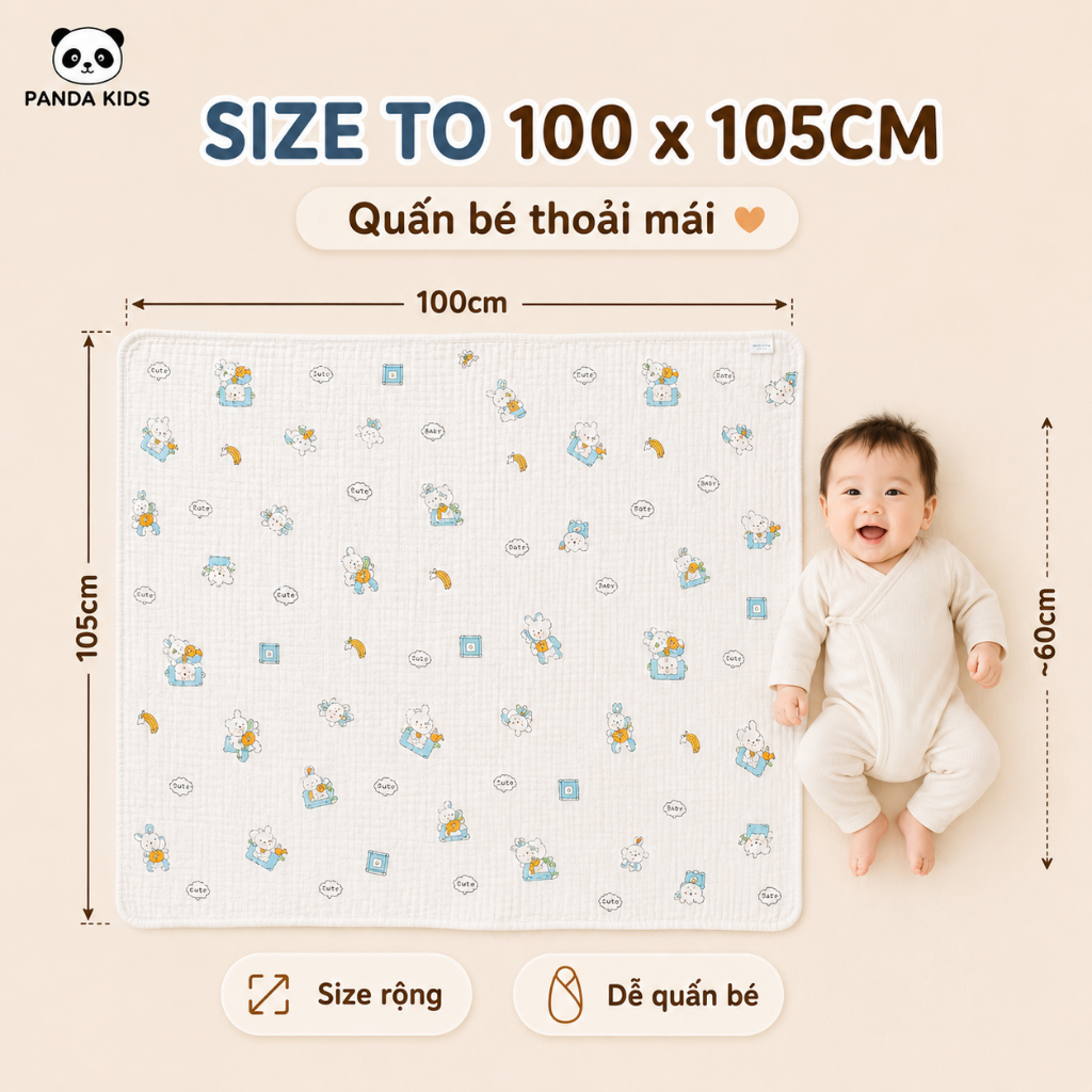 Khăn Tắm Xuân Hè Chất Xô Nhăn Loại 1 Kích Thước To 100*105cm siêu mềm, thoáng khí - Panda Kids - HT618 - HT720