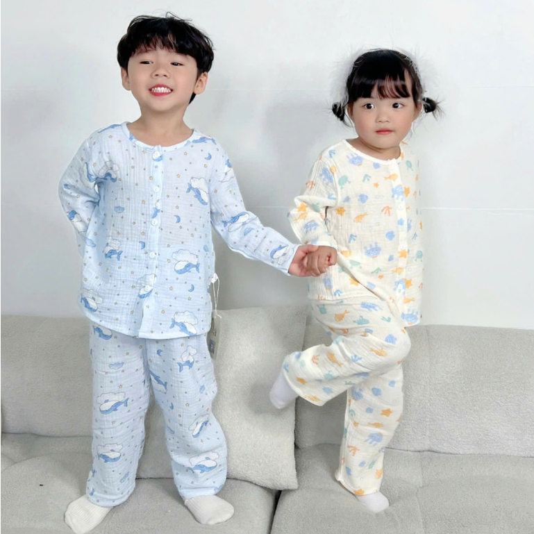 Pijama bé trai bé gái tay dài xô muslin Lá Homewear A109, đồ ngủ bé trai xô đũi cổ tròn caro