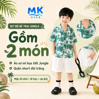 Set Bộ Bé Trai Jungle MK Kids Áo Sơ Mi Họa Tiết Mát Mẻ - Đi Chơi Đi Biển Mùa Hè - Chất Đũi Tơ 2-8 Tuổi