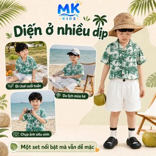 Set Bộ Bé Trai Jungle MK Kids Áo Sơ Mi Họa Tiết Mát Mẻ - Đi Chơi Đi Biển Mùa Hè - Chất Đũi Tơ 2-8 Tuổi