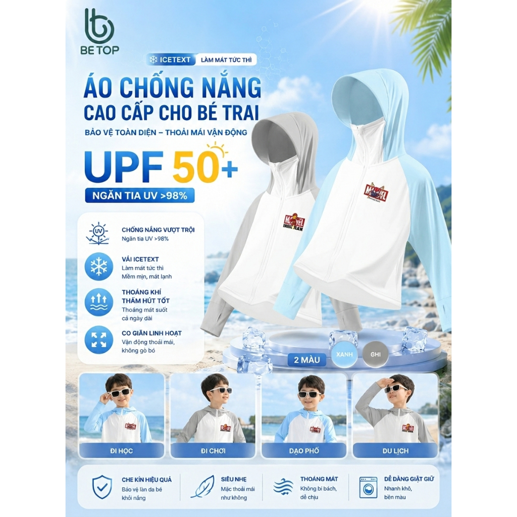 Áo Chống Nắng Bé Trai BETOP, Áo Khoác Chống Tia UV Công Nghệ Ice Sense Làm Mát Siêu Cấp, In Hình Siêu Hùng