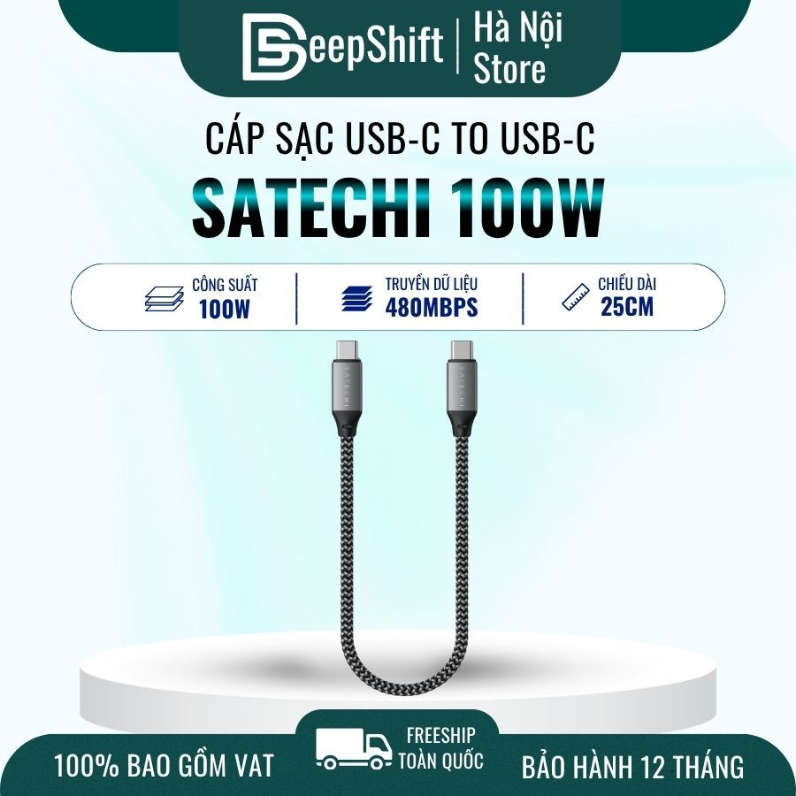 Cáp sạc & truyền dữ liệu Satechi 100W USB-C to USB-C 25cm ST-TCC10M