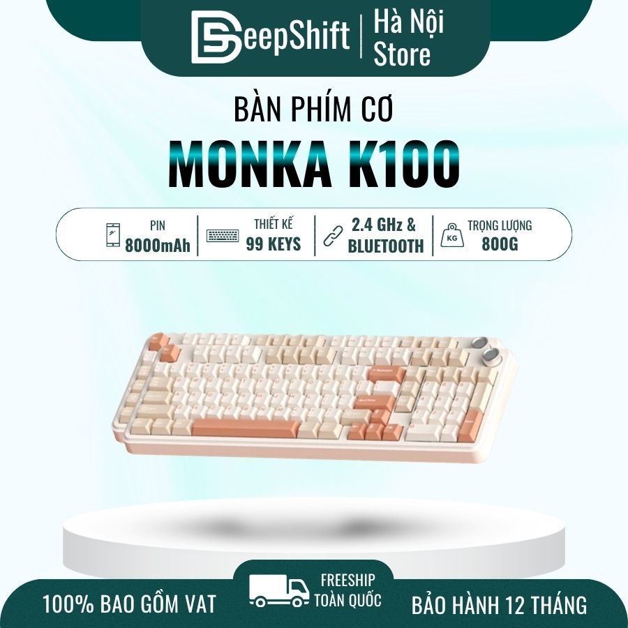 Bàn phím cơ Monka K100 | Hot-swap | Layout 98% | LED RGB | 3 Mode Kết Nối | Pin 8000mAh