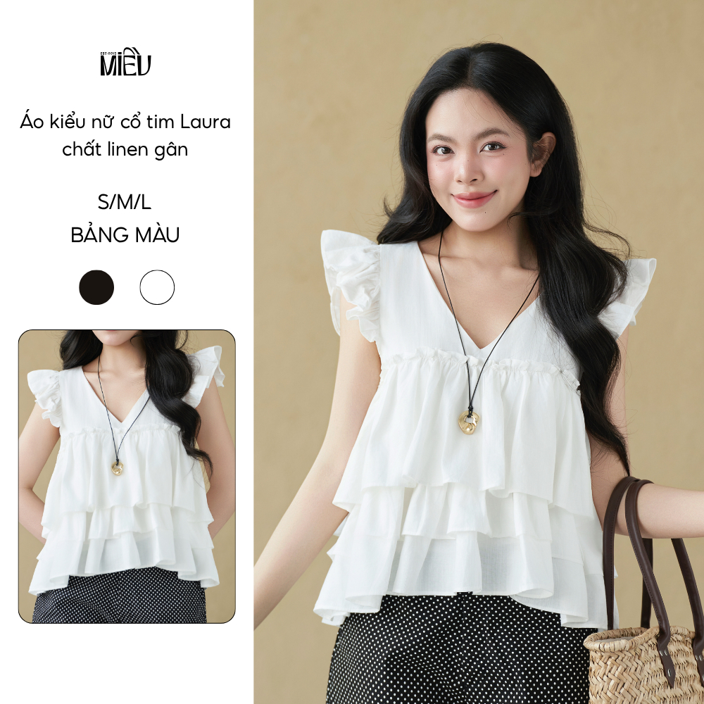 Áo kiểu nữ cổ tim Laura Miều Est.2013 tay bèo chất liệu Linen gân