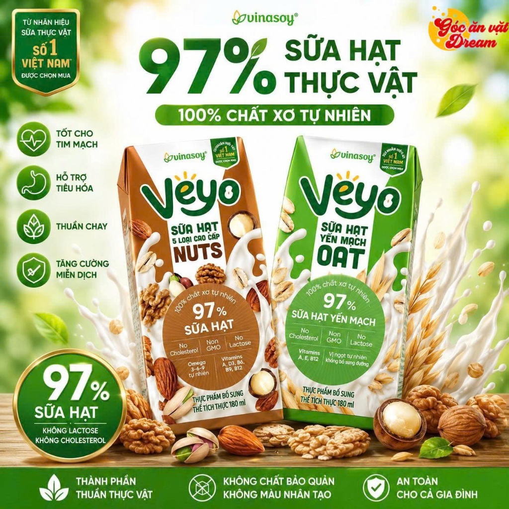 Sữa Hạt Vinasoy VEYO 97% Cao Cấp 5 Loại Hạt & Yến Mạch Không Lactose Vị Tự Nhiên Thùng 30 Hộp x 180ml