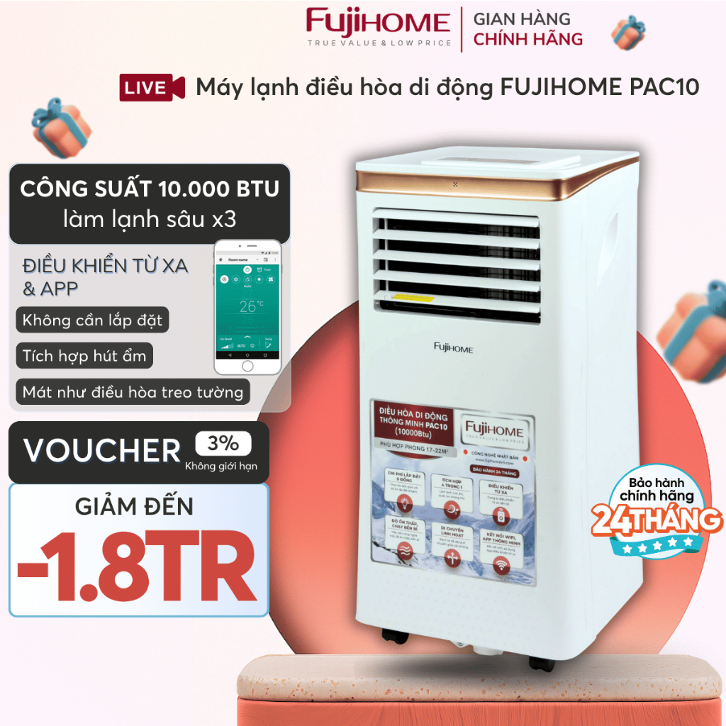 Máy lạnh di động Fujihome 7000-12000BTU công dụng làm mát,hút ẩm diện tích lớn nhập khẩu chính hãng