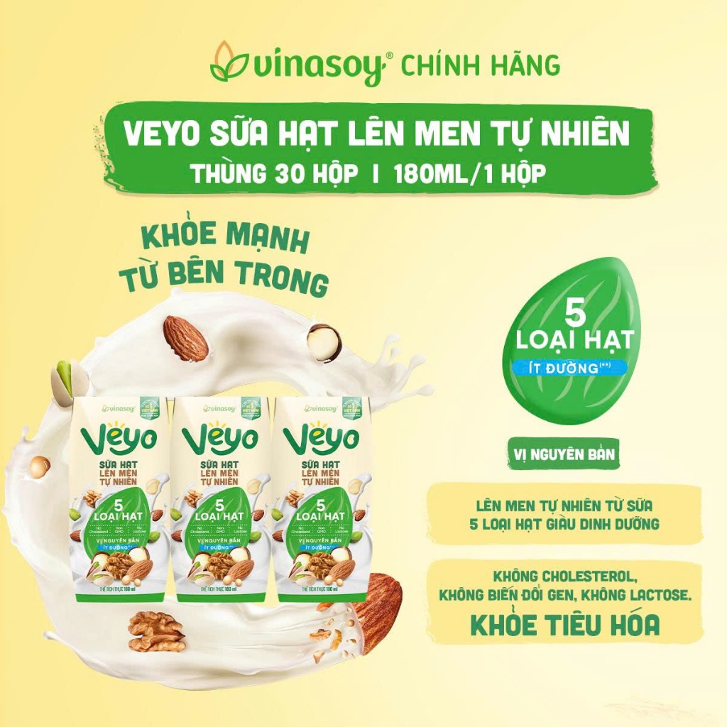 Sữa Hạt Vinasoy VEYO 97% Cao Cấp 5 Loại Hạt & Yến Mạch Không Lactose Vị Tự Nhiên Thùng 30 Hộp x 180ml